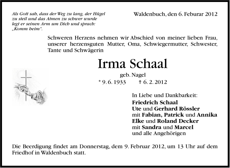  Traueranzeige für Irma Schaal vom 08.02.2012 aus Stuttgarter Zeitung / Stuttgarter Nachrichten