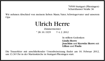 Traueranzeige von Ulrich Herre von Stuttgarter Zeitung / Stuttgarter Nachrichten