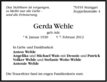 Traueranzeige von Gerda Wehle von Stuttgarter Zeitung / Stuttgarter Nachrichten