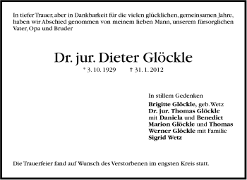 Traueranzeige von Dieter Glöckle von Stuttgarter Zeitung / Stuttgarter Nachrichten