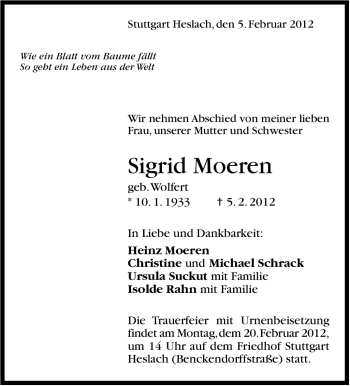 Traueranzeige von Sigrid Moeren von Stuttgarter Zeitung / Stuttgarter Nachrichten
