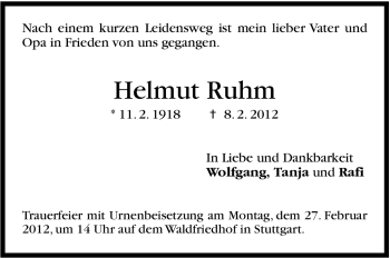 Traueranzeige von Helmut Ruhm von Stuttgarter Zeitung / Stuttgarter Nachrichten