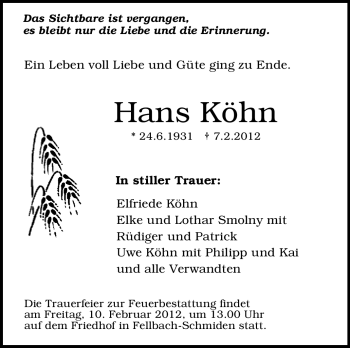 Traueranzeige von Hans Köhn von Stuttgarter Zeitung / Stuttgarter Nachrichten