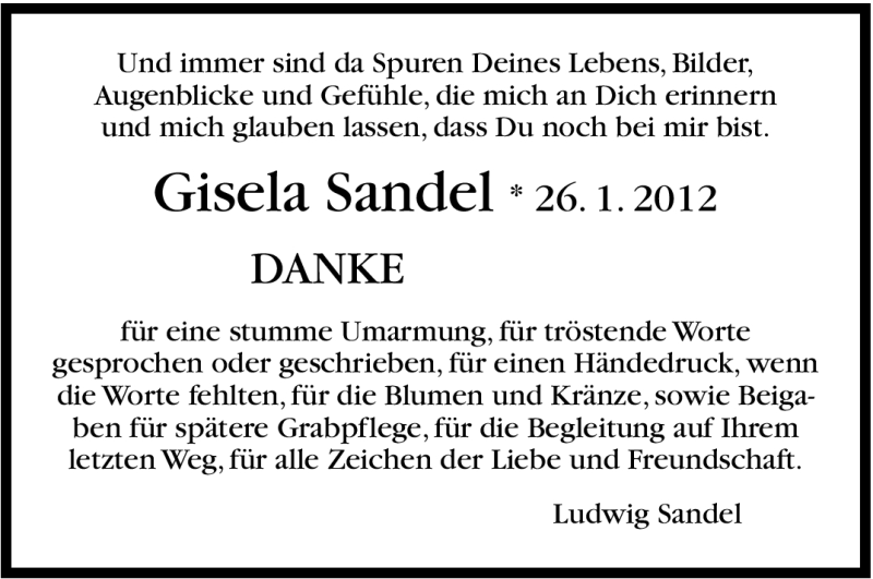  Traueranzeige für Gisela Sandel vom 11.02.2012 aus Stuttgarter Zeitung / Stuttgarter Nachrichten