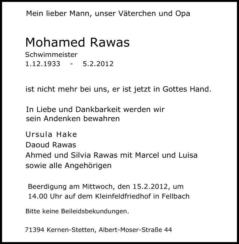  Traueranzeige für Mohamed Rawas vom 11.02.2012 aus Stuttgarter Zeitung / Stuttgarter Nachrichten