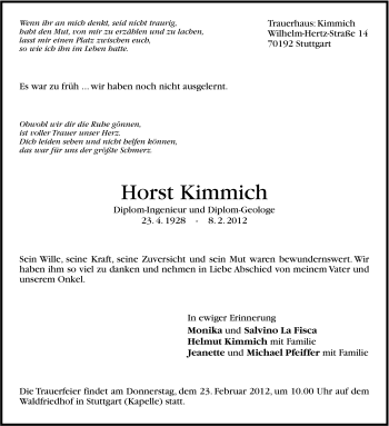 Traueranzeige von Horst Kimmich von Stuttgarter Zeitung / Stuttgarter Nachrichten