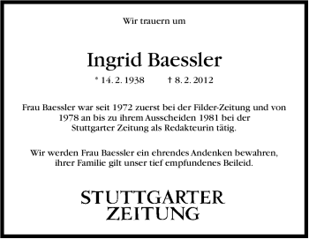 Traueranzeige von Ingrid Baessler von Stuttgarter Zeitung / Stuttgarter Nachrichten