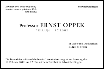 Traueranzeige von Ernst Oppek von Stuttgarter Zeitung / Stuttgarter Nachrichten