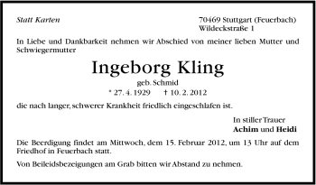 Traueranzeige von Ingeborg Kling von Stuttgarter Zeitung / Stuttgarter Nachrichten