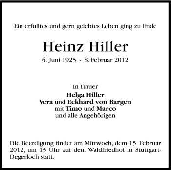 Traueranzeige von Heinz Hiller von Stuttgarter Zeitung / Stuttgarter Nachrichten