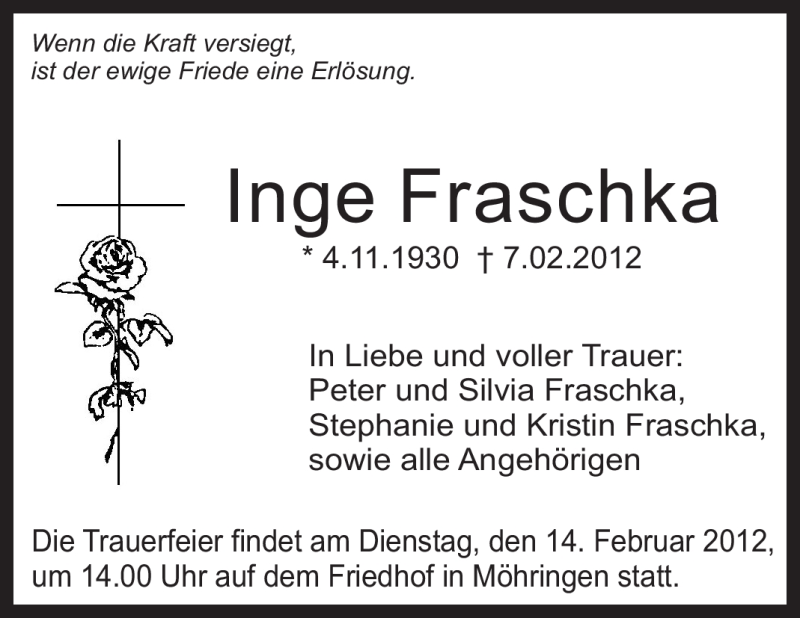  Traueranzeige für Inge Fraschka vom 11.02.2012 aus Stuttgarter Zeitung / Stuttgarter Nachrichten