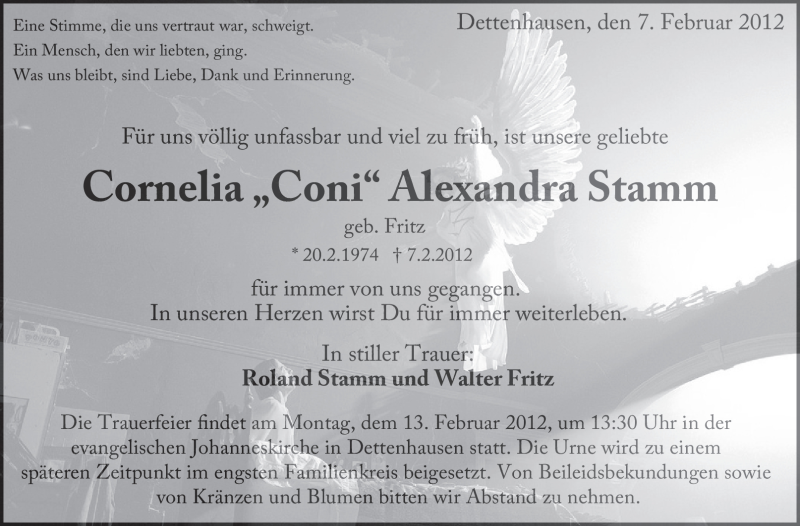  Traueranzeige für Cornelia Alexandra Stamm  vom 11.02.2012 aus Stuttgarter Zeitung / Stuttgarter Nachrichten