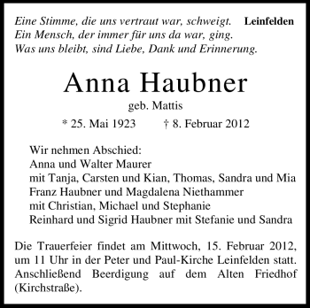 Traueranzeige von Anna Haubner von Stuttgarter Zeitung / Stuttgarter Nachrichten