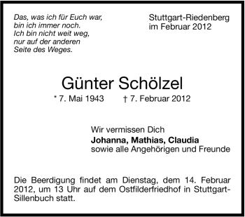 Traueranzeige von Günter Schölzel von Stuttgarter Zeitung / Stuttgarter Nachrichten