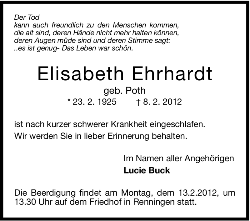  Traueranzeige für Elisabeth Ehrhardt vom 11.02.2012 aus Leonberger Kreiszeitung / Strohgäu Extra
