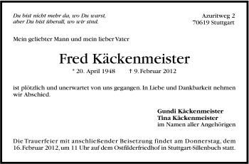 Traueranzeige von Fred Käckenmeister von Stuttgarter Zeitung / Stuttgarter Nachrichten