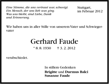 Traueranzeige von Gerhard Faude von Stuttgarter Zeitung / Stuttgarter Nachrichten