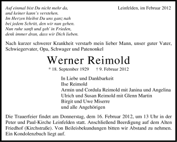 Traueranzeige von Werner Reimold von Stuttgarter Zeitung / Stuttgarter Nachrichten