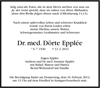 Traueranzeige von Dörte Epplee von Stuttgarter Zeitung / Stuttgarter Nachrichten