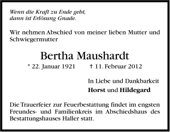 Traueranzeige von Bertha Maushardt von Stuttgarter Zeitung / Stuttgarter Nachrichten