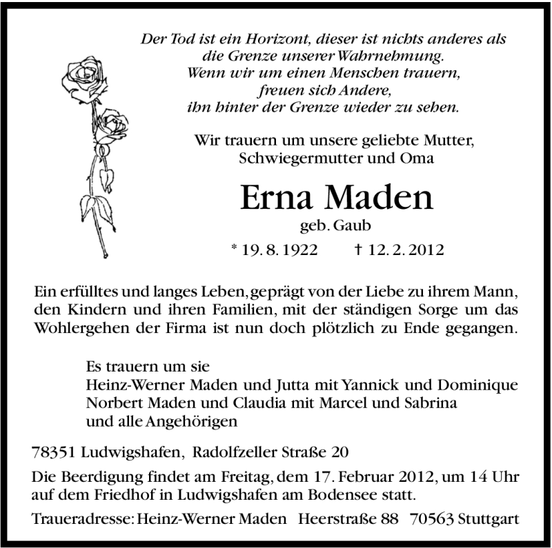  Traueranzeige für Erna Maden vom 14.02.2012 aus Stuttgarter Zeitung / Stuttgarter Nachrichten
