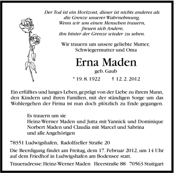 Traueranzeige von Erna Maden von Stuttgarter Zeitung / Stuttgarter Nachrichten