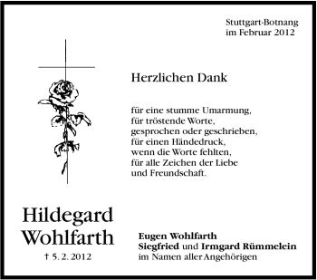 Traueranzeige von Hildegard Wohlfarth von Stuttgarter Zeitung / Stuttgarter Nachrichten