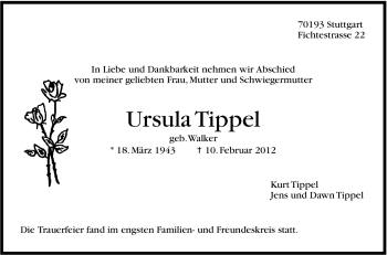 Traueranzeige von Ursula Tippel von Stuttgarter Zeitung / Stuttgarter Nachrichten