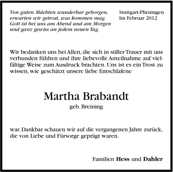 Traueranzeige von Martha Brabandt von Stuttgarter Zeitung / Stuttgarter Nachrichten