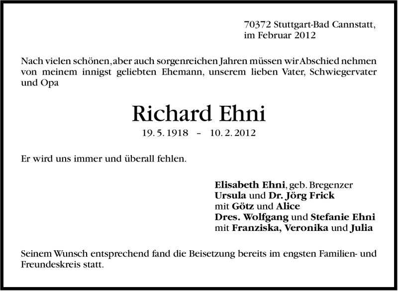  Traueranzeige für Richard Ehni vom 18.02.2012 aus Stuttgarter Zeitung / Stuttgarter Nachrichten