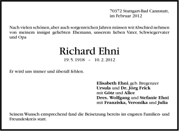 Traueranzeige von Richard Ehni von Stuttgarter Zeitung / Stuttgarter Nachrichten