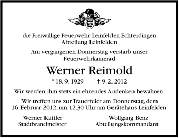 Traueranzeige von Werner Reimold von Stuttgarter Zeitung / Stuttgarter Nachrichten