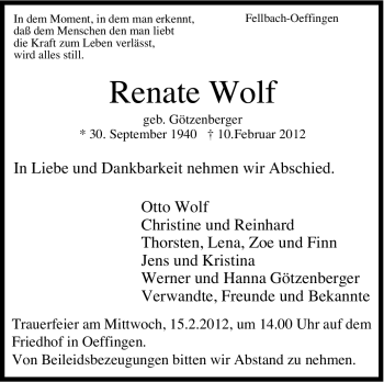 Traueranzeige von Renate Wolf von Stuttgarter Zeitung / Stuttgarter Nachrichten