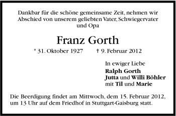 Traueranzeige von Franz Gorth von Stuttgarter Zeitung / Stuttgarter Nachrichten