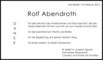 Traueranzeige von Rolf Abendroth von Stuttgarter Zeitung / Stuttgarter Nachrichten