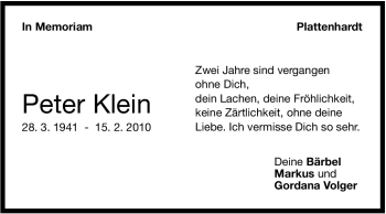 Traueranzeige von Peter Klein von Stuttgarter Zeitung / Stuttgarter Nachrichten