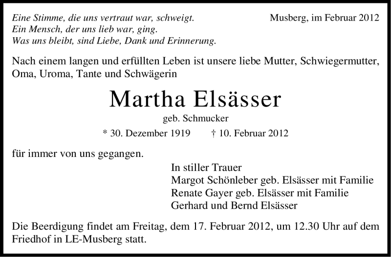  Traueranzeige für Martha Elsässer vom 14.02.2012 aus Stuttgarter Zeitung / Stuttgarter Nachrichten