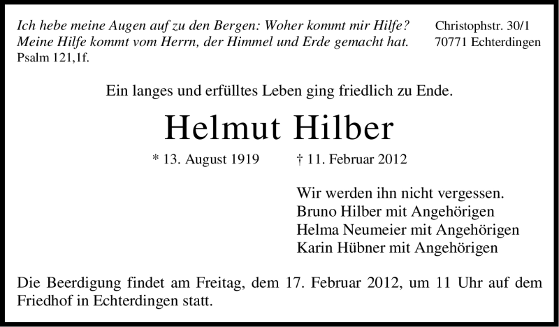  Traueranzeige für Helmut Hilber vom 14.02.2012 aus Stuttgarter Zeitung / Stuttgarter Nachrichten