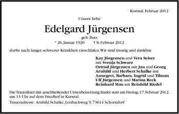 Traueranzeige von Edelgard Jürgensen von Stuttgarter Zeitung / Stuttgarter Nachrichten