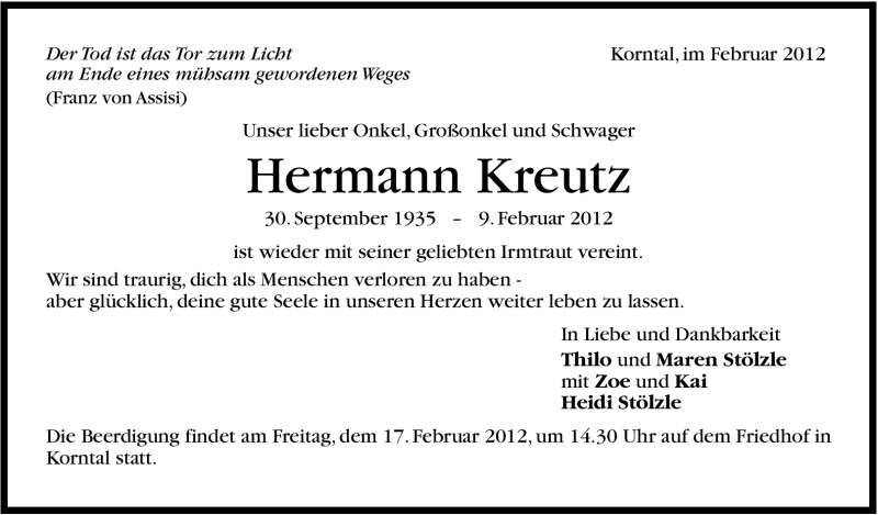  Traueranzeige für Hermann Kreutz vom 14.02.2012 aus Stuttgarter Zeitung / Stuttgarter Nachrichten