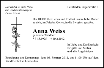 Traueranzeige von Anna Weiss von Stuttgarter Zeitung / Stuttgarter Nachrichten