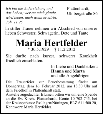 Traueranzeige von Maria Hertfelder von Stuttgarter Zeitung / Stuttgarter Nachrichten