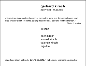 Traueranzeige von Gerhard Kirsch von Stuttgarter Zeitung / Stuttgarter Nachrichten