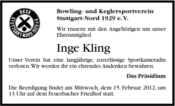 Traueranzeige von Ingeborg Kling von Stuttgarter Zeitung / Stuttgarter Nachrichten
