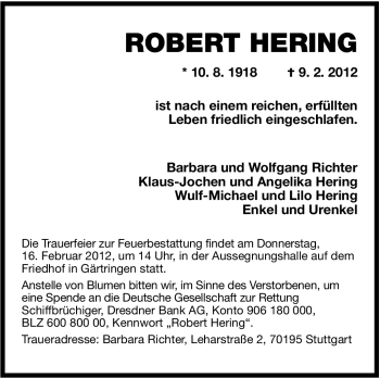 Traueranzeige von Robert Hering von Stuttgarter Zeitung / Stuttgarter Nachrichten