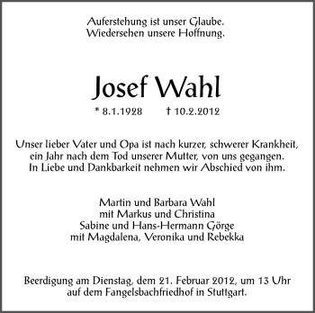 Traueranzeige von Josef Wahl von Stuttgarter Zeitung / Stuttgarter Nachrichten