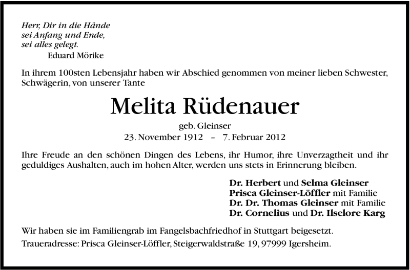  Traueranzeige für Melita Rüdenauer vom 16.02.2012 aus Stuttgarter Zeitung / Stuttgarter Nachrichten