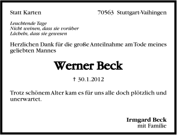 Traueranzeige von Werner Beck von Stuttgarter Zeitung / Stuttgarter Nachrichten