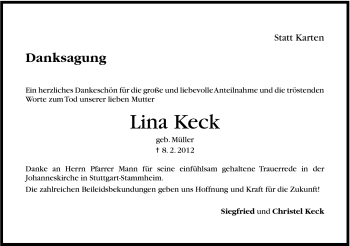 Traueranzeige von Lina Keck von Stuttgarter Zeitung / Stuttgarter Nachrichten