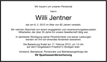 Traueranzeige von Willi Jentner von Stuttgarter Zeitung / Stuttgarter Nachrichten